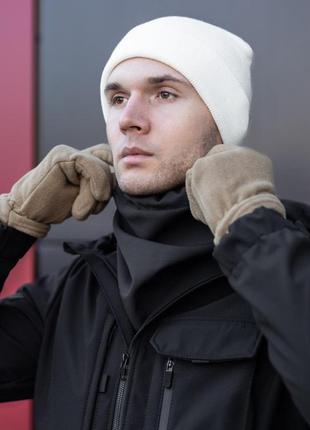 Комплект мужской шапка + шарф + перчатки "v rubchik" белый-бежевый набор теплый до -30*с