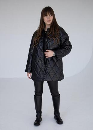 Женская куртка кожаная удлиненная monica оверсайз черная  кожанка весенняя осенняя5 фото
