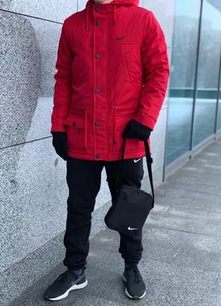 Парка чоловіча зимова nike (найк) помаранчева до -30*с | куртка з капюшоном подовжена спортивна топ якості4 фото