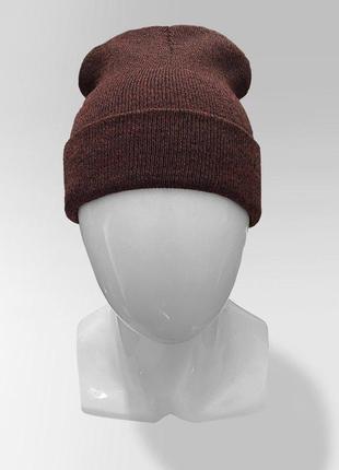 Шапка мужская женская теплая turn up зимняя коричневая | шапка бини осень зима с отворотом люкс качества