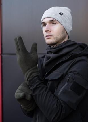 Комплект мужской шапка + шарф + перчатки "s podvorotom" белый-черный  набор теплый до -30*с3 фото