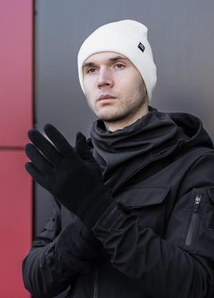 Комплект мужской шапка + шарф + перчатки "s podvorotom" белый-черный  набор теплый до -30*с