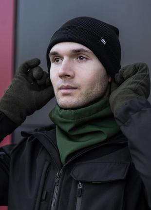 Комплект мужской шапка + шарф + перчатки "s podvorotom" белый-черный  набор теплый до -30*с4 фото