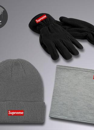 Комплект шапка + рукавиці + баф supreme gloves до -25*с чорний | комплект зимовий чоловічий жіночий суприм2 фото