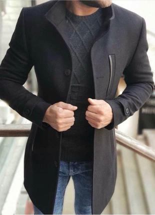 Пальто чоловіче весняне осіннє bund чорне демісезонне пальто кашемірове двобортне