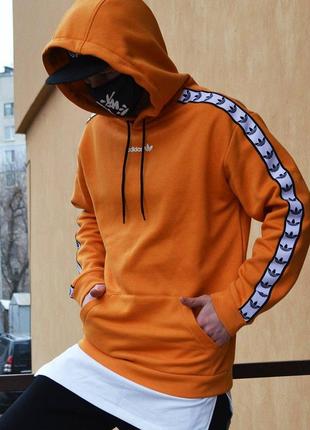 Кофта мужская зимняя adidas оранжевая теплая на флисе худи с капюшоном | толстовка адидас1 фото