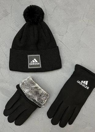 Шапка + перчатки на меху комплект adidas черный | комплект мужской адидас зимний на флисе1 фото