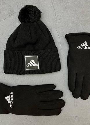 Шапка + перчатки на меху комплект adidas черный | комплект мужской адидас зимний на флисе3 фото