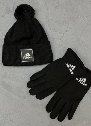 Шапка + перчатки на меху комплект adidas черный | комплект мужской адидас зимний на флисе2 фото