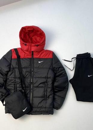 Комплект мужской зимний nike cl до -25*с куртка мужская зимняя + штаны на флисе костюм найк черно-красный1 фото