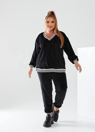 Костюм плюшевый велюровый кофта пуловер джемпер штаны джоггеры прямые батал большого размера домашний комплект черный серый изумрудный лососевый8 фото