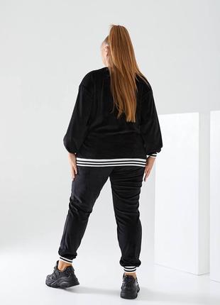 Костюм плюшевый велюровый кофта пуловер джемпер штаны джоггеры прямые батал большого размера домашний комплект черный серый изумрудный лососевый7 фото