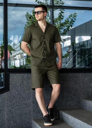 Мужская рубашка льняная на лето megapoli хаки  рубашка легкая летняя повседневная классическая6 фото