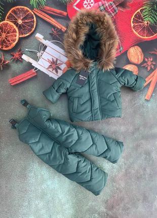 Зимний детский костюм с натуральным мехом енота курточка комбинезон1 фото