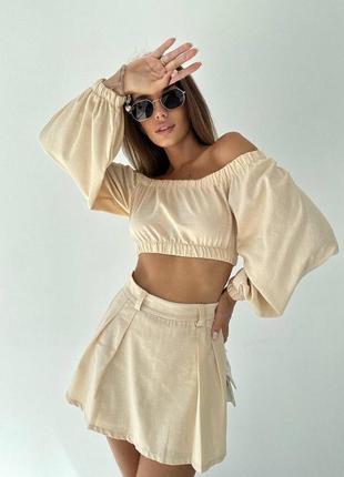 Женский комплект (топ + юбка-шорты) из легкой натуральной летней ткани