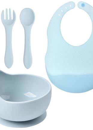Набір посуду 2life глибока тарілка y5, ложка, виделка і слюнявчик блакитний1 фото