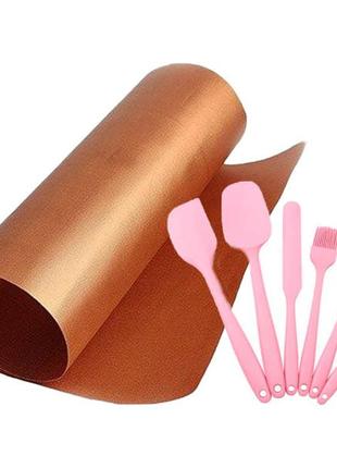 Комплект антипригарний килимок для bbq і набір кухонного приладдя 6 в 1 рожевий (n 1219)1 фото