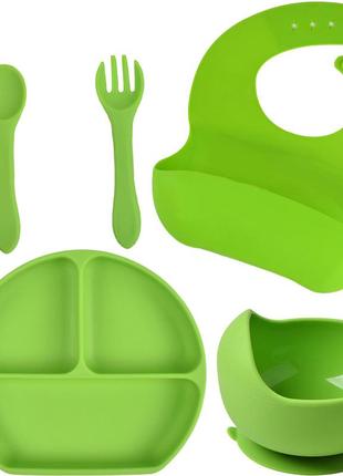 Набор y7 силиконовая тарелка, слюнявчик, круглая тарелка для первых блюд, ложка, вилка зеленый (n-9748)