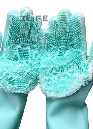 Силіконові рукавички багатофункціональні прибирання, чистка, миття посуду, рогачі 2life блакитний (n-528)3 фото