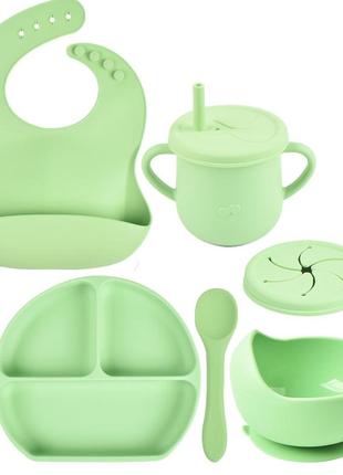 Набор y3 силиконовая тарелка, слюнявчик, тарелка глубокая, ложка, вилка, поильник с крышкой зеленый (vol-9835)