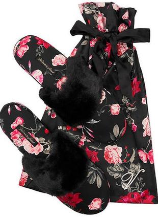 Тапочки victoria’s secret satin black floral slippers