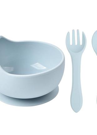 Набор y5 силиконовая круглая тарелка для первых блюд, ложка и вилка голубой (vol-9845)