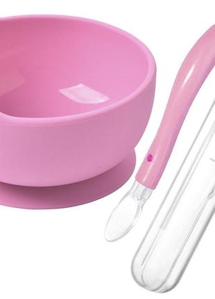 Набор силиконовая круглая тарелка y8 для первых блюд розовый и ложка в кейсе розовый (n-10280)