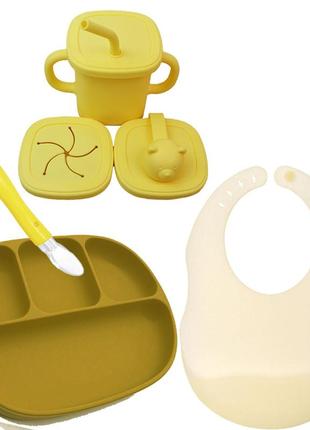 Набор посуды силиконовой 2life четырехсекционная тарелка d6, ложка, поильник и слюнявчик желтый vol-10436