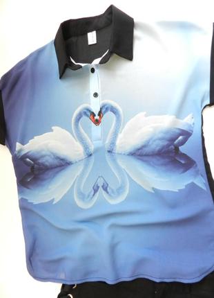 ✅ красивенная шифоновая блуза с 3 д рисунком лебеди сердечко5 фото