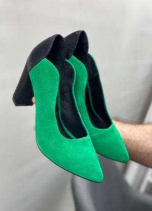 Екслюзивні туфлі лодочки з італійської шкіри та замші жіночі на підборах