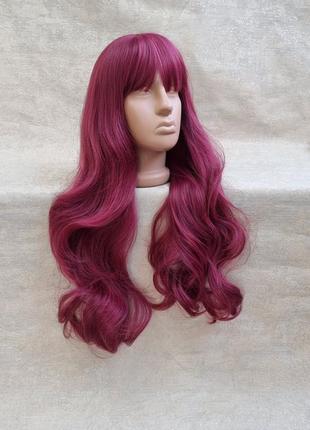 Термопарик бордовый с длинными волнистыми волосами и челкой термо парик вишневый длиный