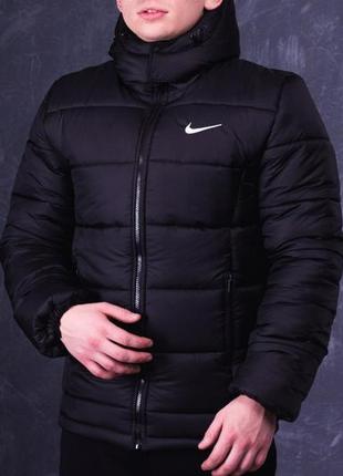 Чоловіча куртка зимова nike до - 25*с тепла на флісі з капюшоном чорна пуховик найк