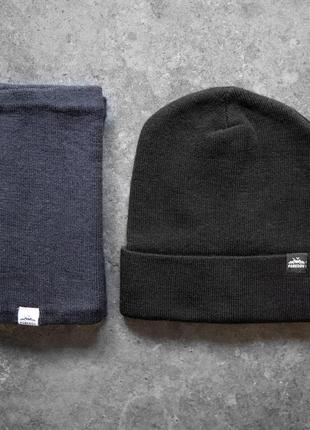 Комплект шапка + баф s podvorotom до -25*с черно-синий | комплект унисекс зимний теплый |
