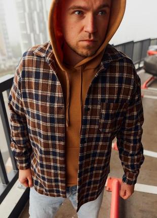 Сорочка чоловіча кашемірова у клітинку тепла boss коричнева | чоловіча сорочка з начосом зимова топ якості3 фото