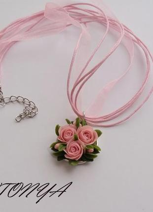 Кулон с розовыми цветами, украшение с розовыми цветами, кулон розовая роза2 фото
