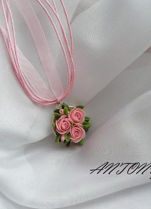 Кулон с розовыми цветами, украшение с розовыми цветами, кулон розовая роза3 фото