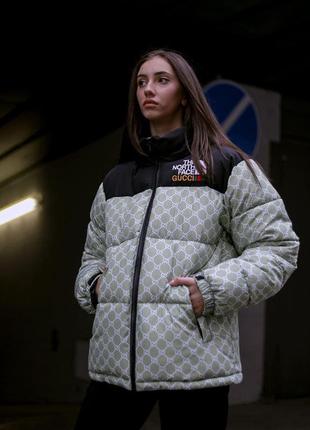 Женская куртка зимняя the north face xx gucci хаки пуховик женский теплый до -25°с tnf1 фото