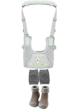 Набор детские вожжи-ходунки с подкладками, наколенники и носочки-ботиночки для малышей серый (n-9245)