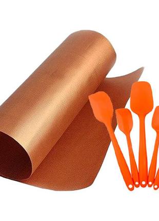 Набор кухонных принадлежностей 6 в 1 оранжевый и антипригарный коврик для bbq бронзовый (n-1229)