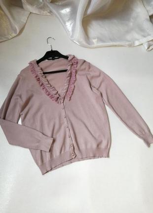 Кофта светр кардиган з ніжного трикотажу розмір хс-л з рюшами воланами вздовж коміра в наліч