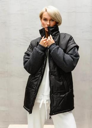 Тепла жіноча куртка-жилетка трансформер з поясом оверсайз синтепух 42-52 розміри різні кольори1 фото