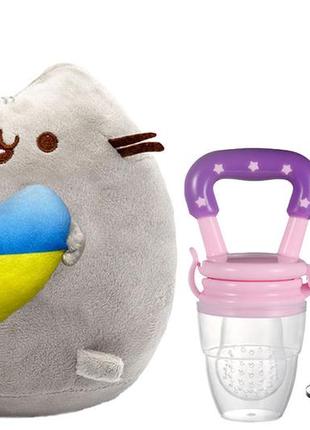 Мягкая игрушка pusheen cat с сердцем,ниблер силиконовый с насадками и цепочкой держателем (vol-10588)