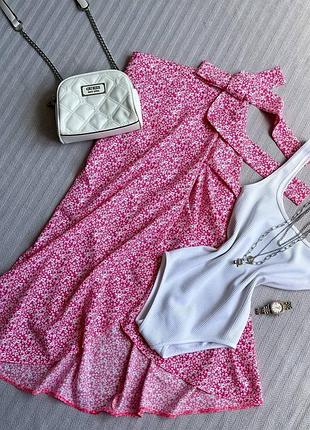 Стильна легка спідниця на запах міді з розрізом базова рожева блакитна чорна з принтом синя зелена однотон