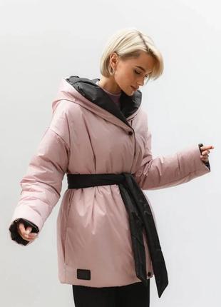 Жіноча куртка двостороння з оверсайз поясом синтепух 42-52 розміри різні кольори9 фото