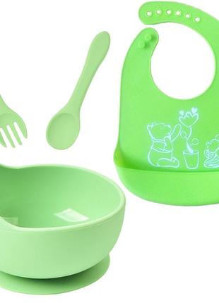 Набір посуду 2life глибока тарілка y3, ложка, виделка і слюнявчик мішка зелений
