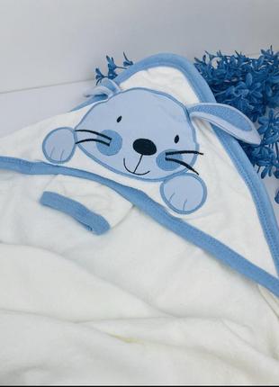 Полотенце с уголком для младенцев после купания махровое с перчаткой синее1 фото