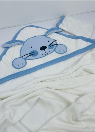 Полотенце с уголком для младенцев после купания махровое с перчаткой синее3 фото
