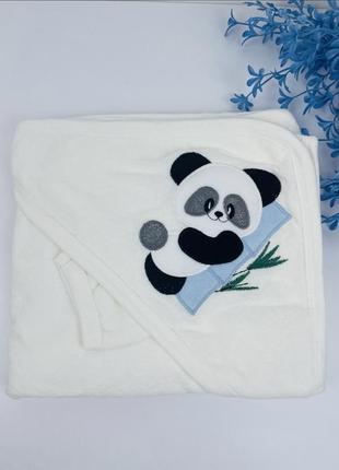 Махровий рушник для новонароджених з куточком панда для хлопчиків блакитний