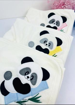 Махровое полотенце для новорожденных с уголком панда для мальчиков голубое4 фото