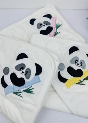 Махровое полотенце для новорожденных с уголком панда для мальчиков голубое5 фото